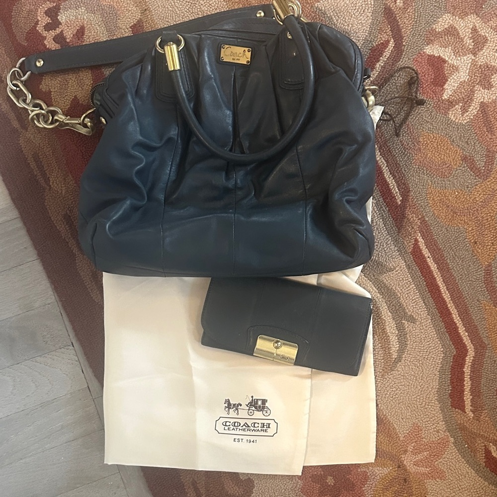 Coach Navy Leather Shoulder Bag with Gold Accents